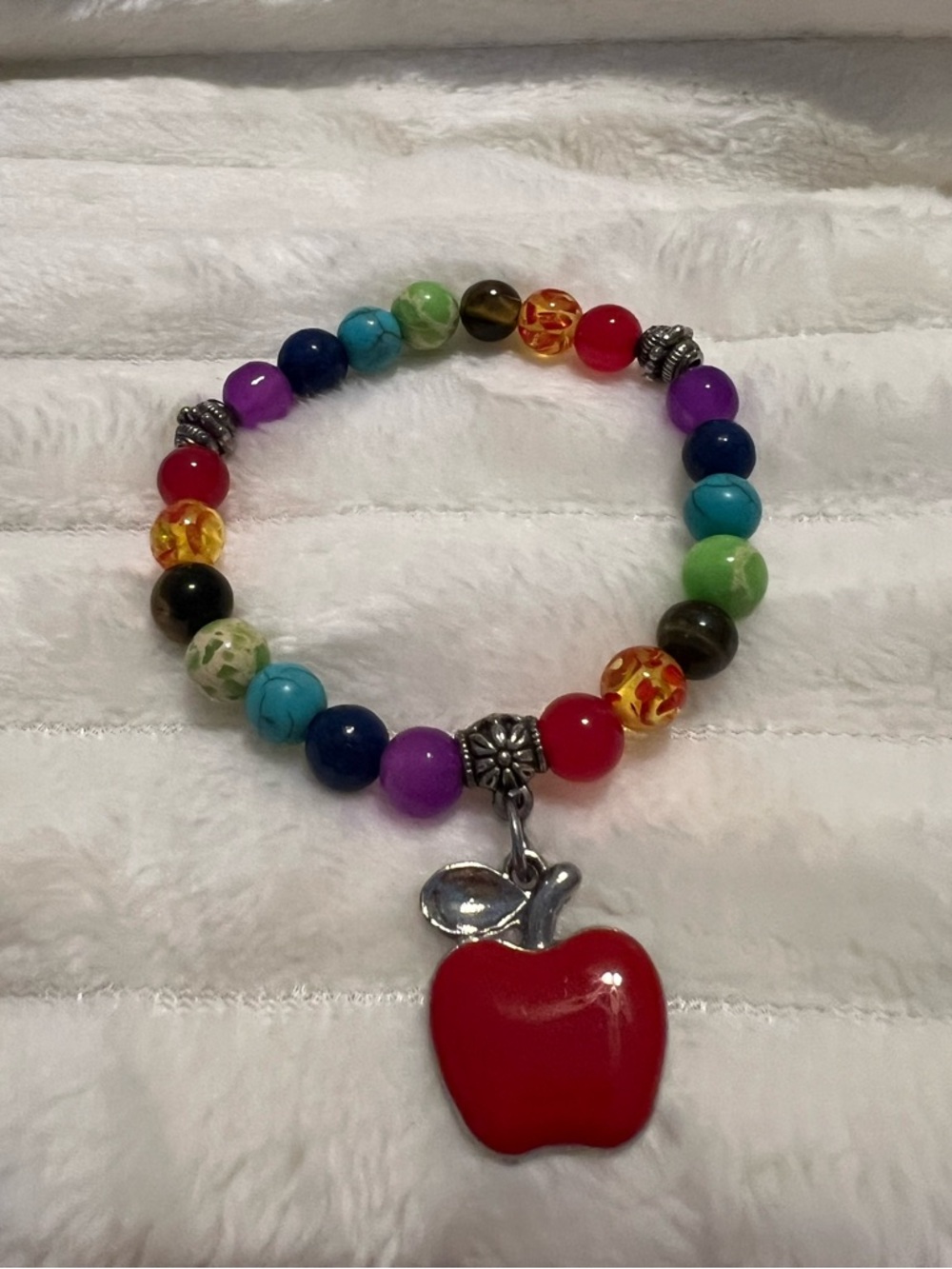 Colorful Beaded Bracelet with Red Apple Charm